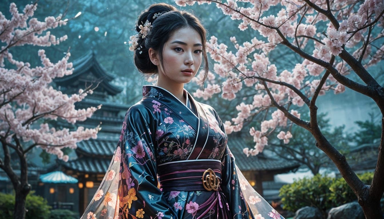 Futuristic Geisha in Serene Garden with Holographic Blossoms