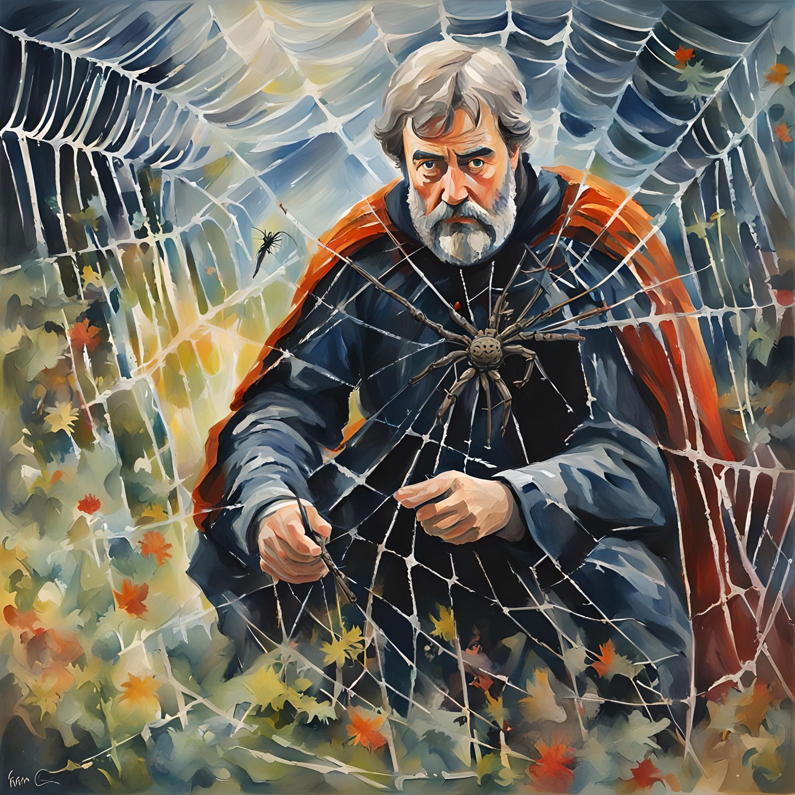 Robert Bruce and Spider Web in Gouache Style