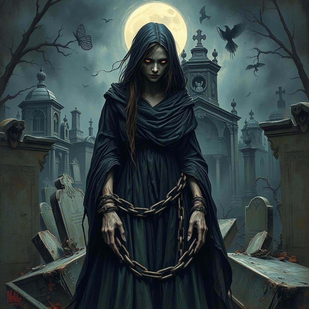 Ethereal Woman in Chains in Graveyard Setting