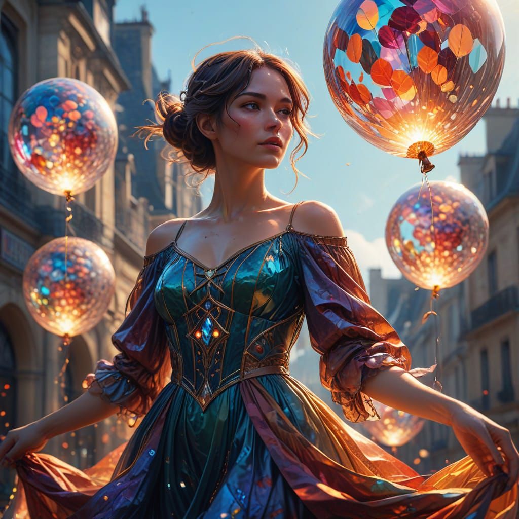 Woman in Stained Glass Dress Floats Over Paris