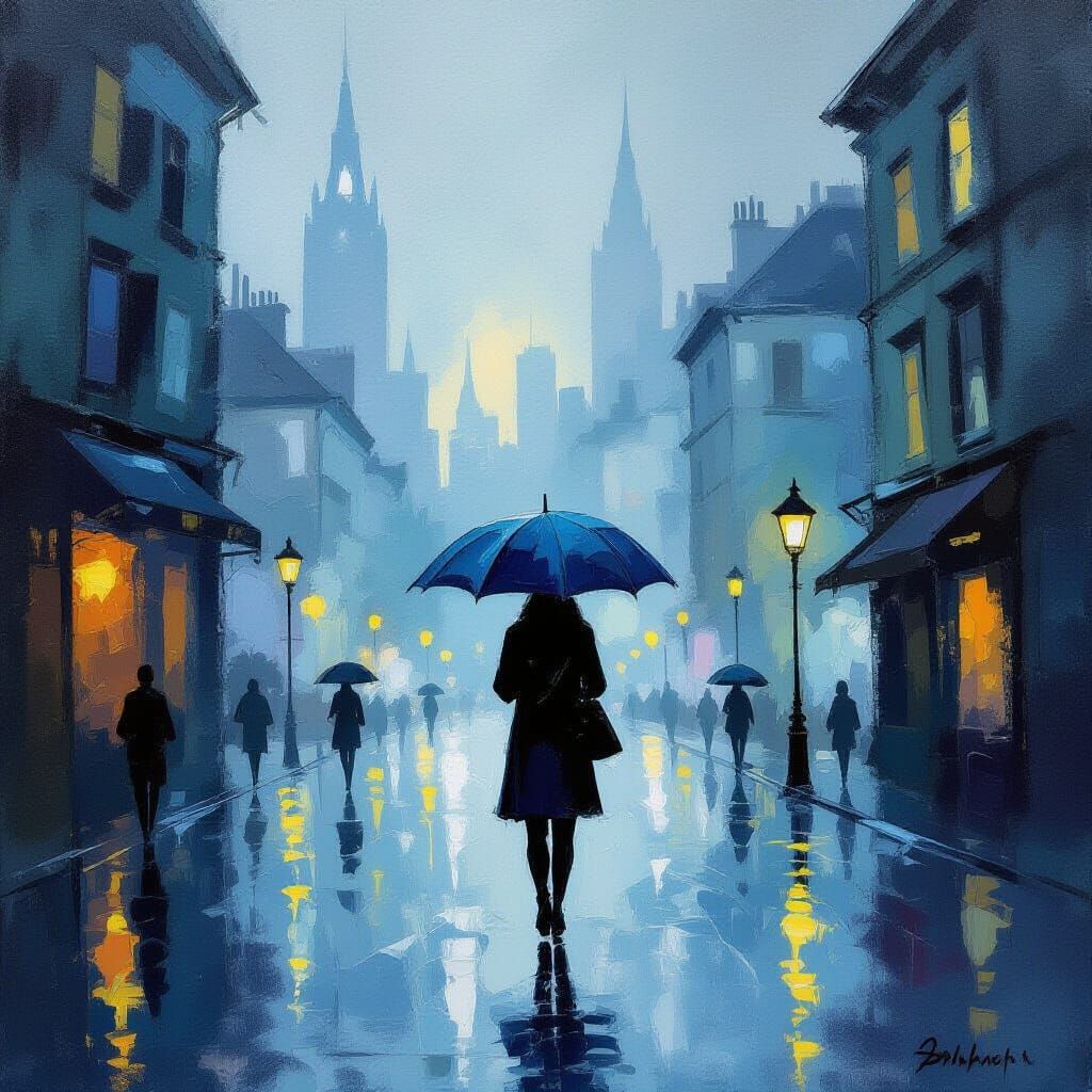Solitary Silhouette in Rainy Night Cityscape
