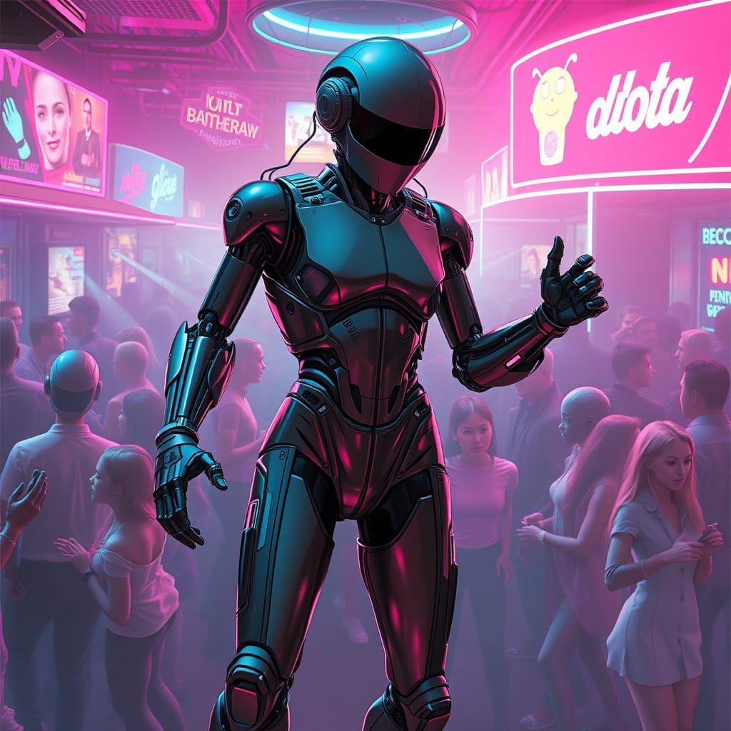 Robot Soiree in a Neon-Lit Nightclub