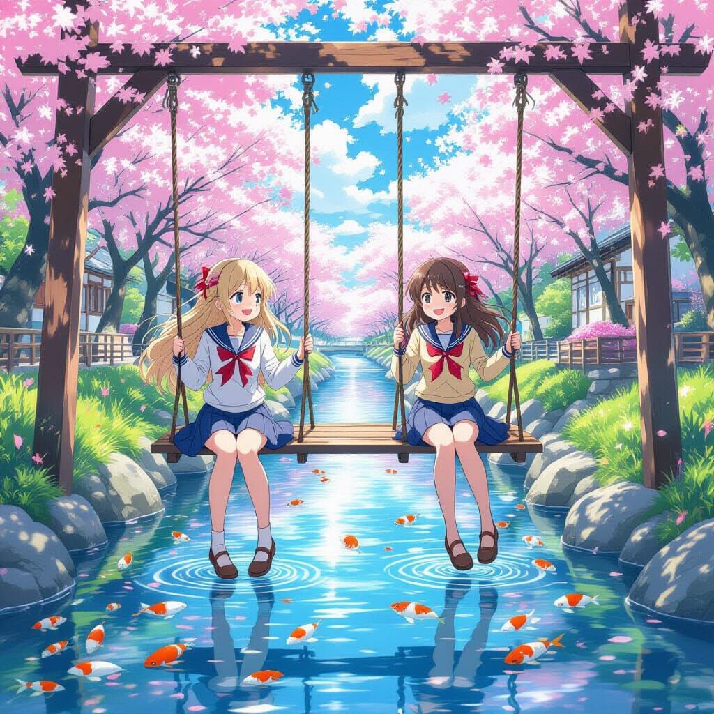 Anime Girls on a Swing in Shinkai Style