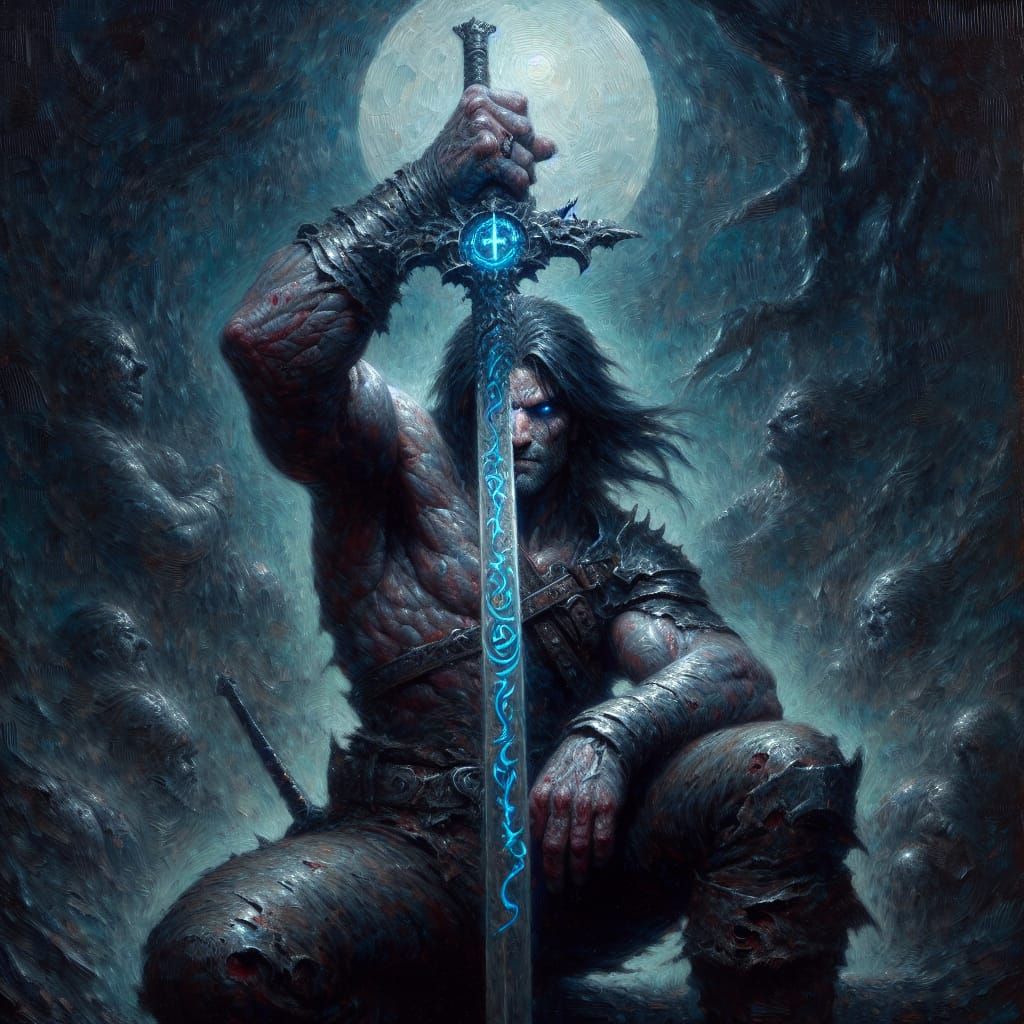 Mysterious Warrior Defies the Shadows in Dark Fantasy Oil Pa...