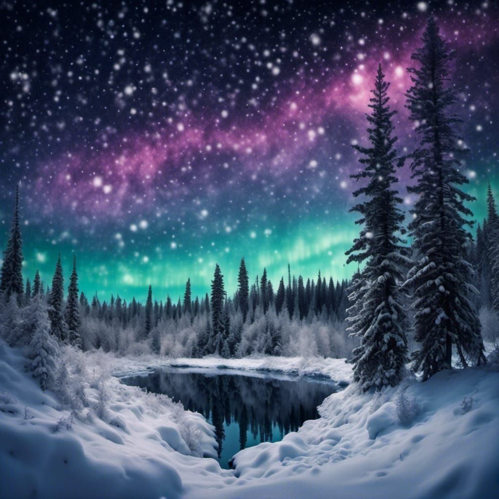 Winter Wonderland: Northern Lights Over Snowy Pines