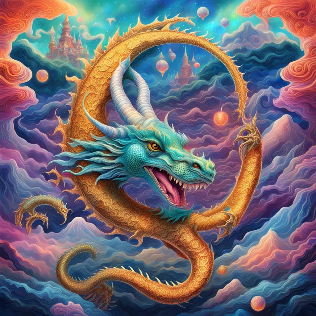 Friendly Luck Dragon: Cosmic Holographic Illustration