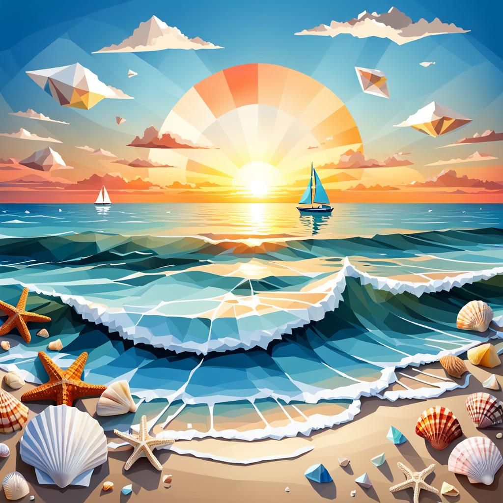 Low-Poly Beach Scene at Sunset