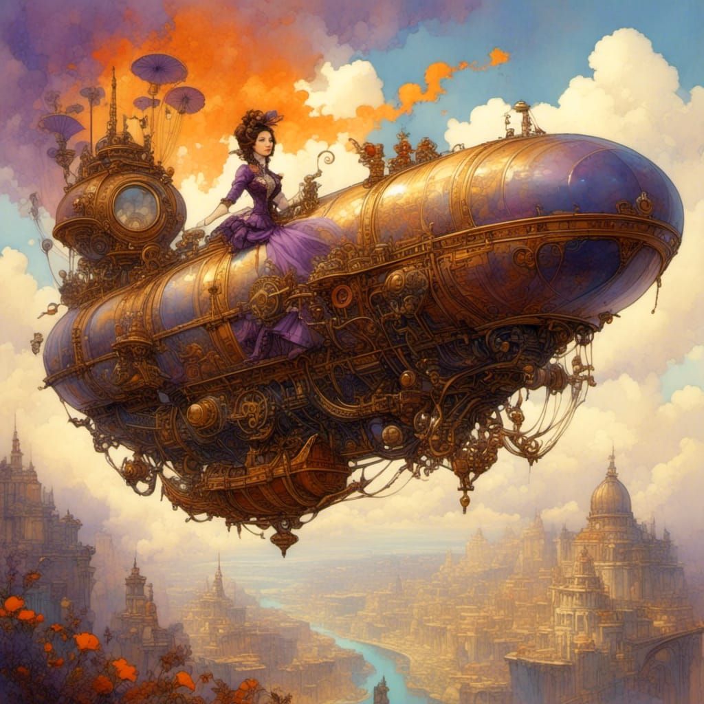Steampunk Airship Pilot Soaring at Twilight
