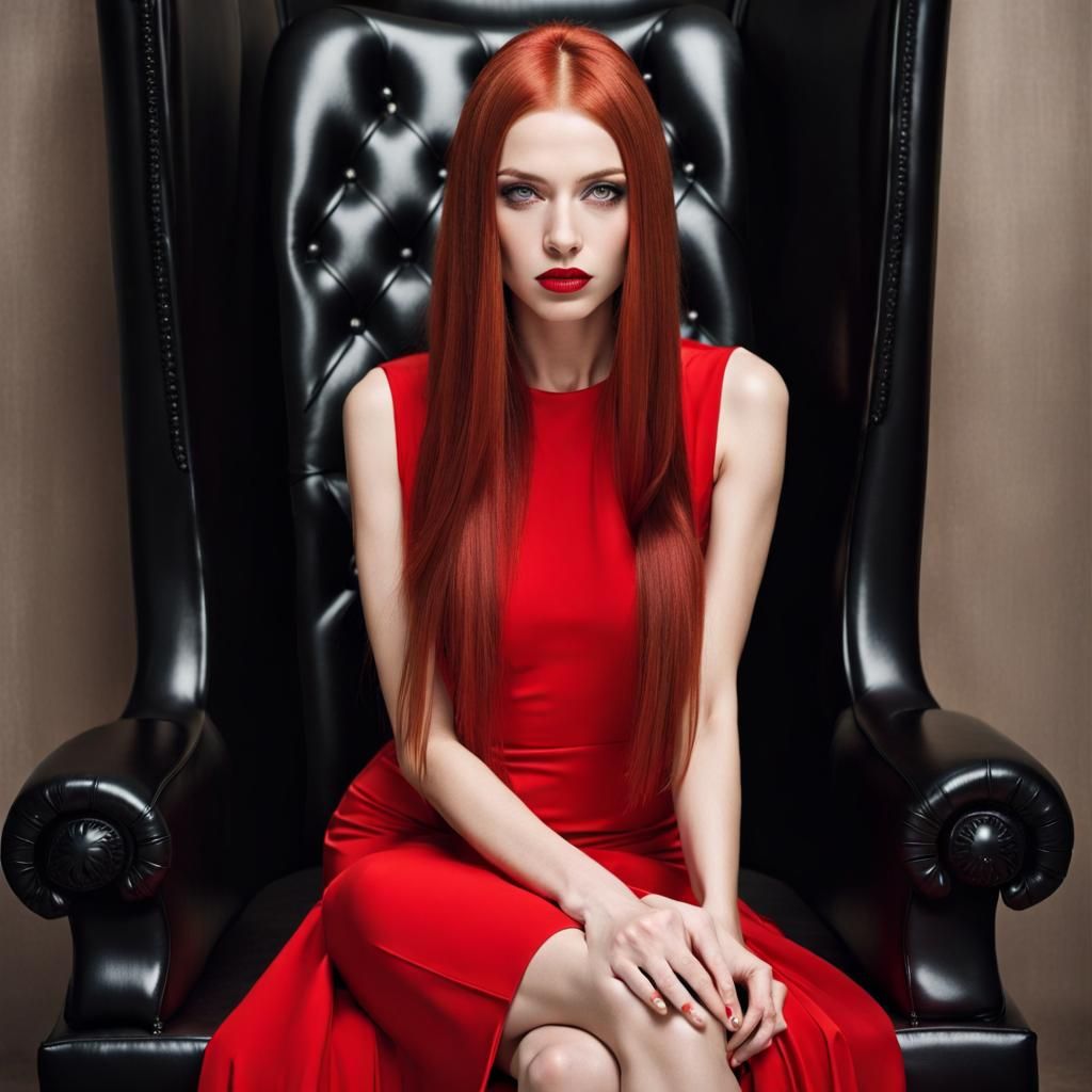 Woman with Red Hair on Black Throne