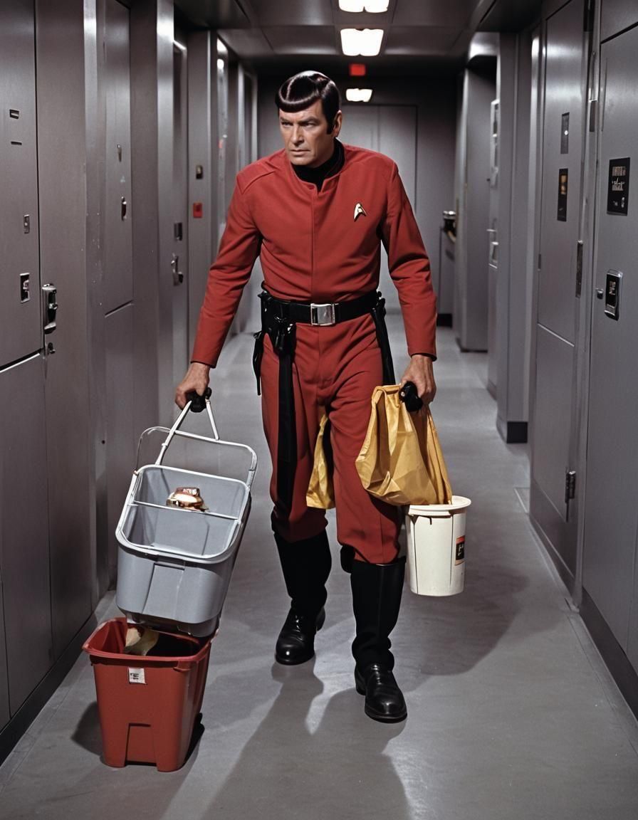 Starfleet Janitor on the Starship Enterprise taking the trash to the central replication facility.