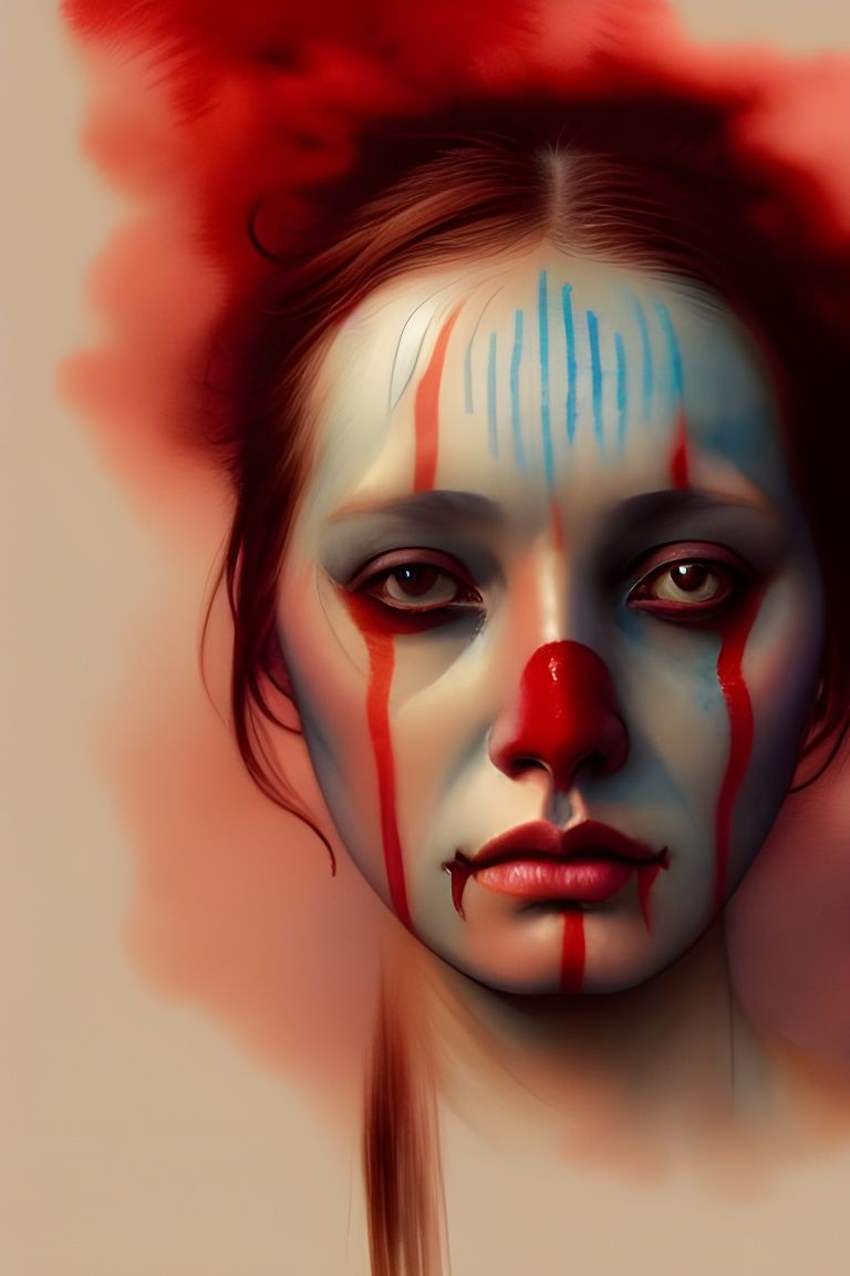 Tragic Woman with Red Face Paint, Digital Illustration