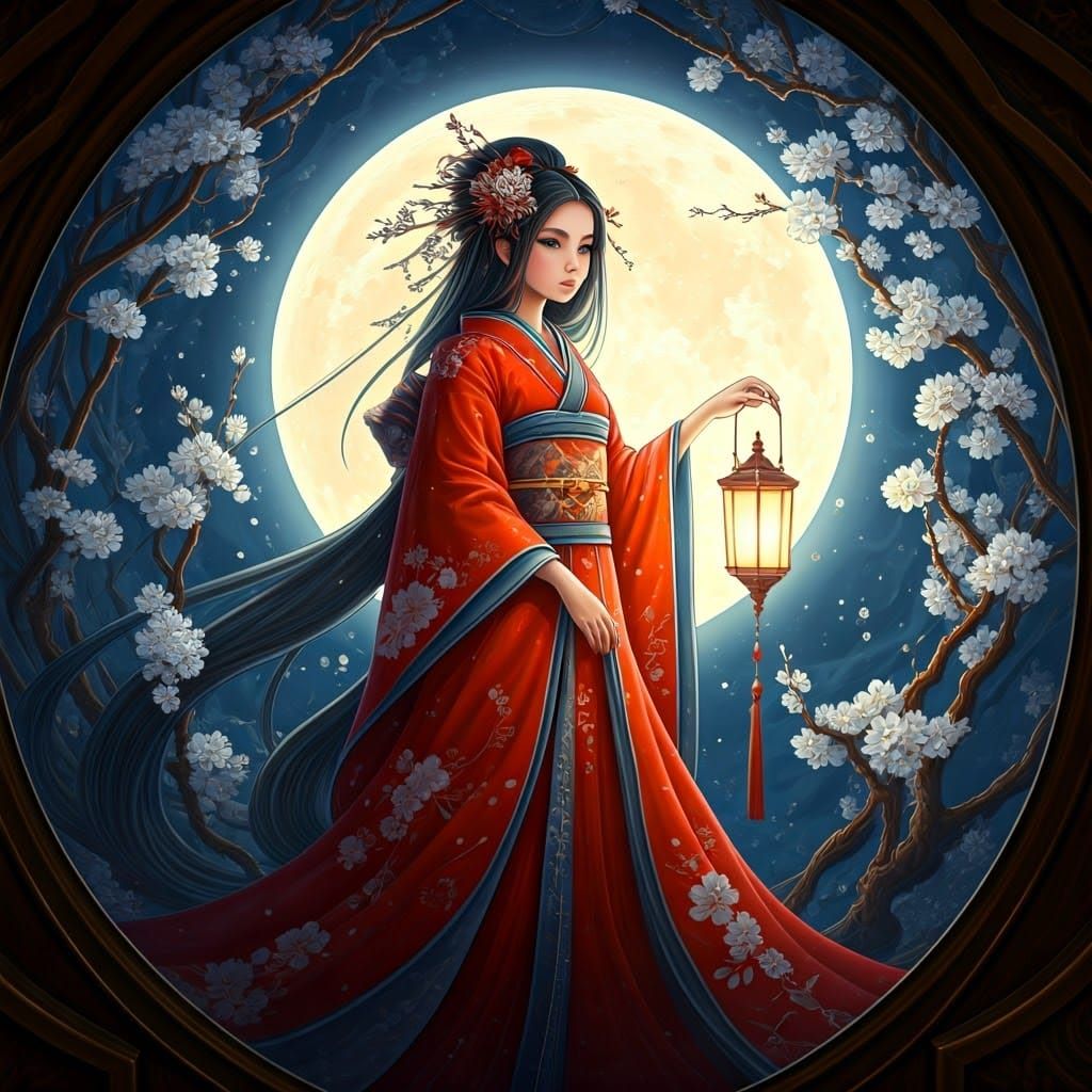 Geisha with Lantern in Moonlit Scene, Wax Chalk Painting