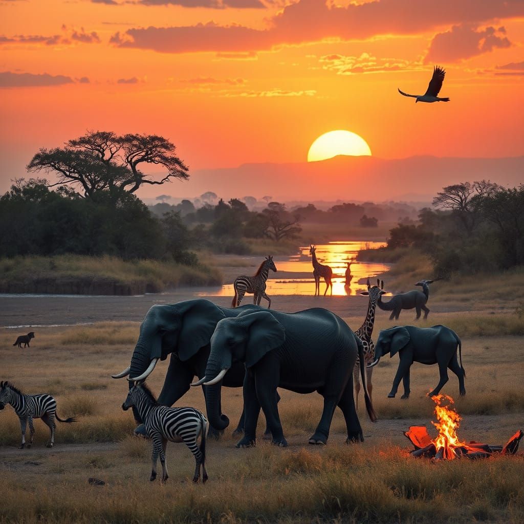 Golden Hour Okavango Delta Landscape with Elephant Family an...
