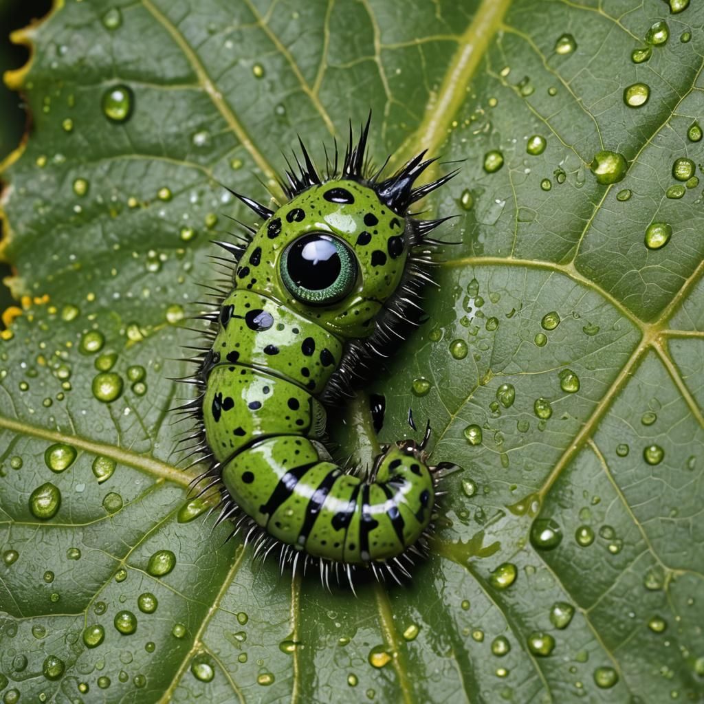 Green Caterpillar Macro in Dark Fantasy Style