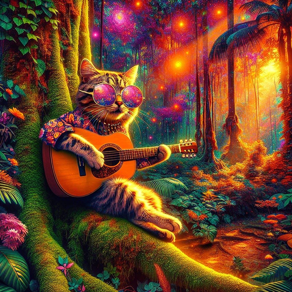 Psychedelic Cat Plays Guitar in Tropical Forest
