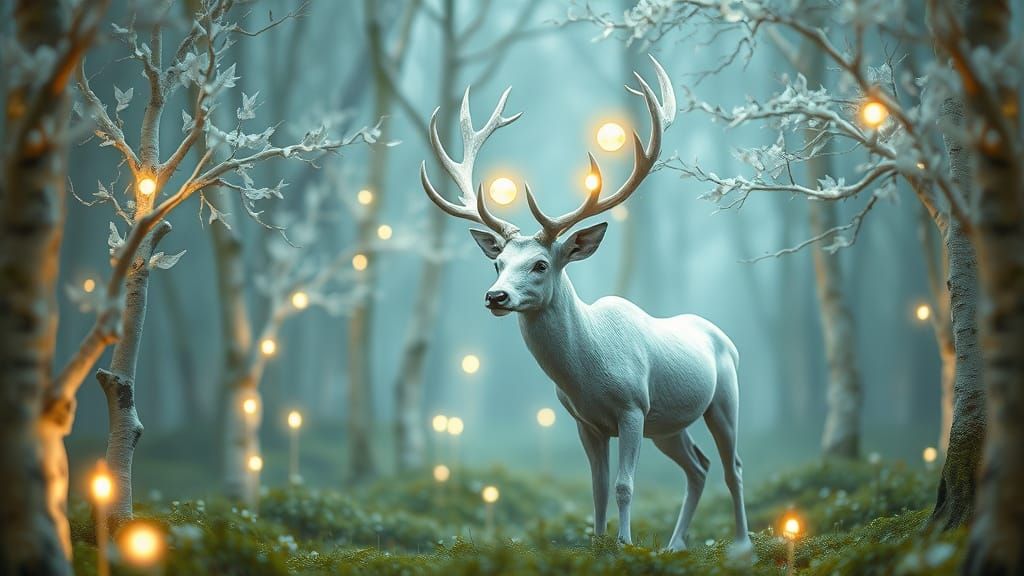 Mystical White Stag in Ethereal Forest