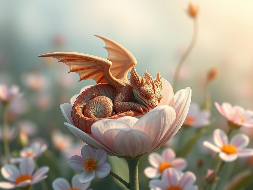 Sleeping Winged Dragon in a Flower Petal Paradise