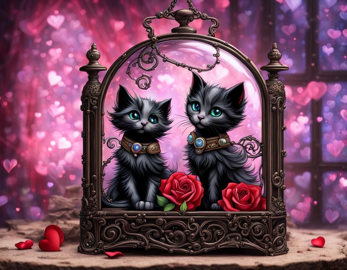 Steampunk Valentine Kittens Playing in Glass Case
