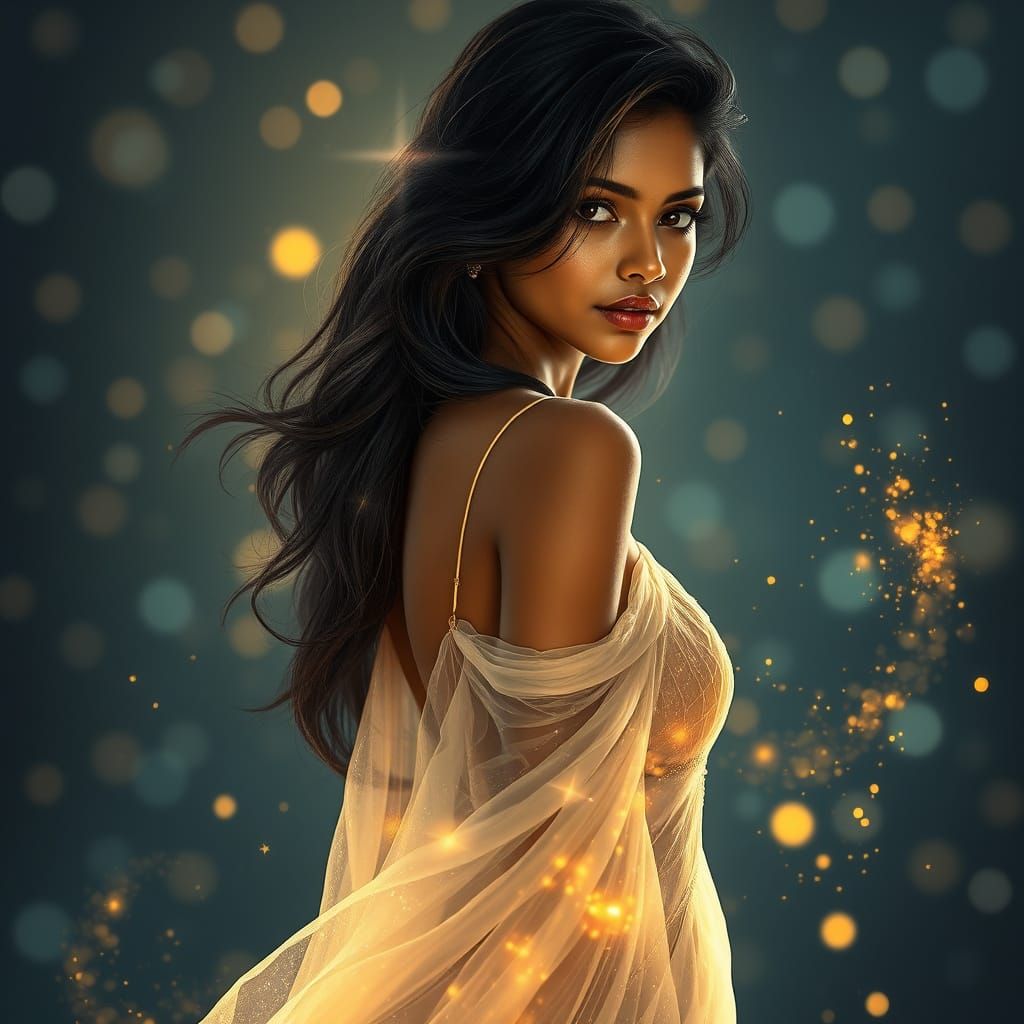 Enchanting Indian Woman in Starry Fantasy Art