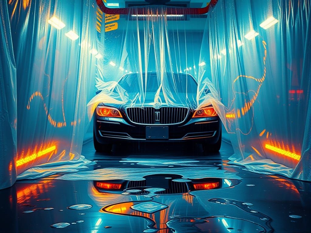 Luxurious Car Wash Scene in Dreamlike Neo-Impressionist Styl...