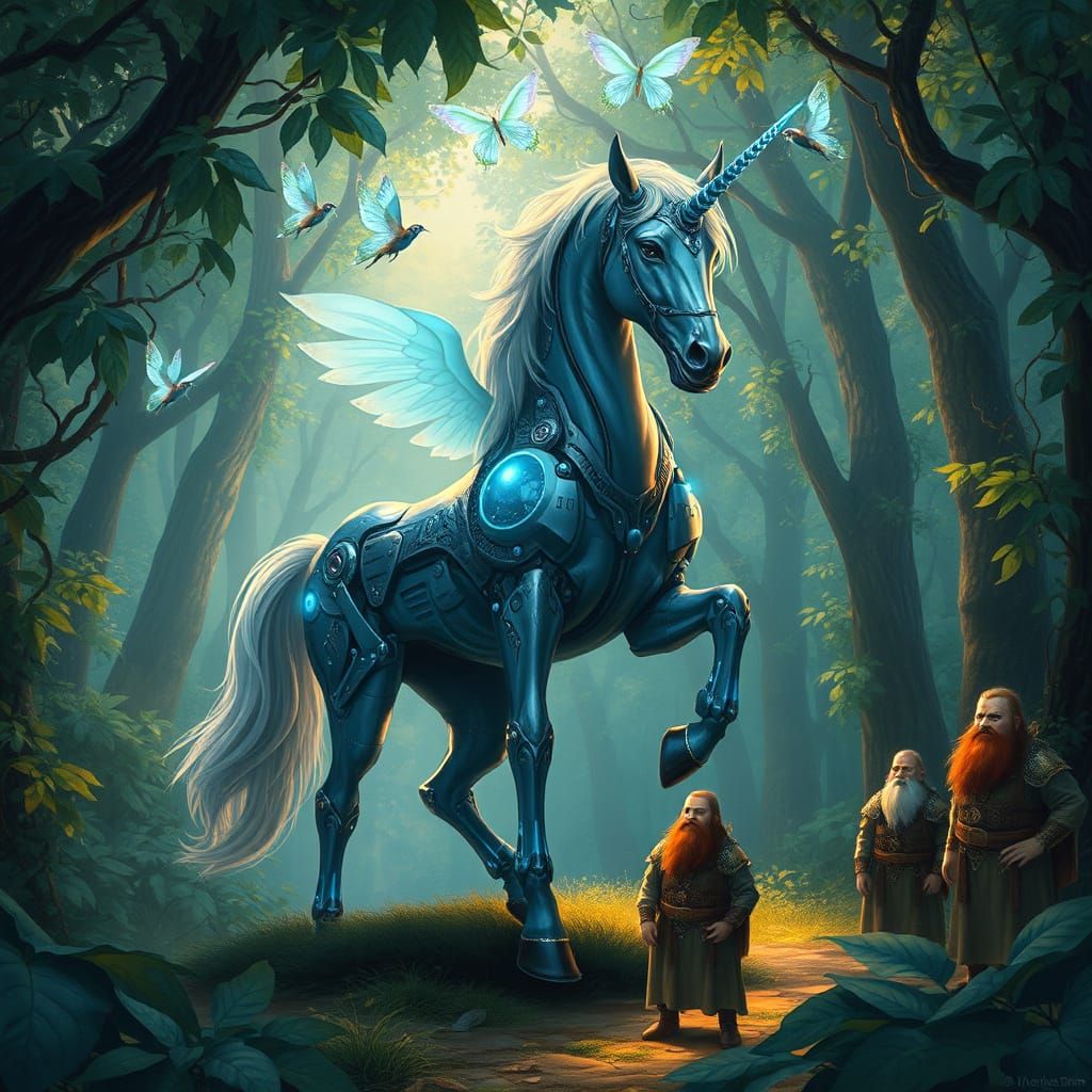 Biomechanical Unicorn in Vibrant Forest Surroundings