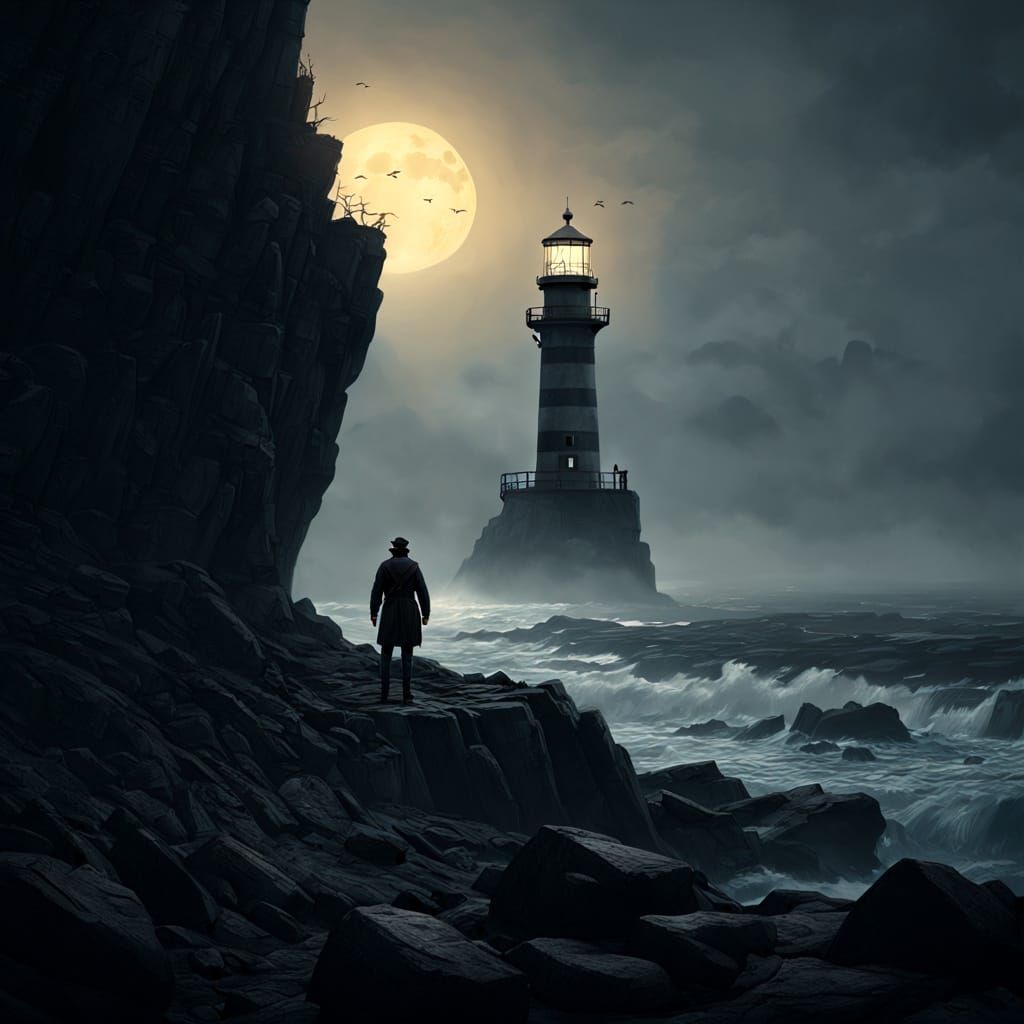 Lighthouse Keeper in Starry Sky, Dark Fantasy Art