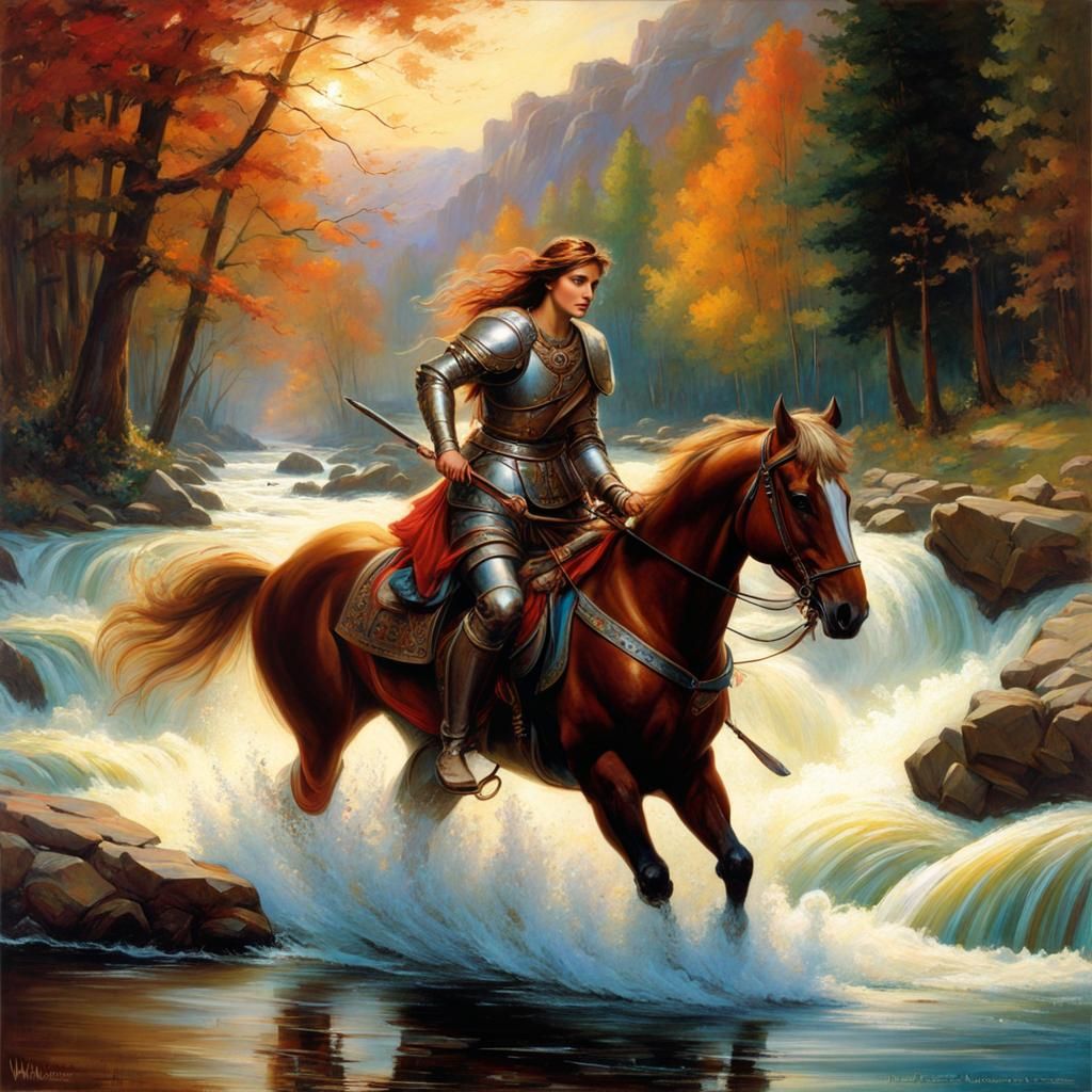 Knight Rides into Rapids in Waterhouse Style