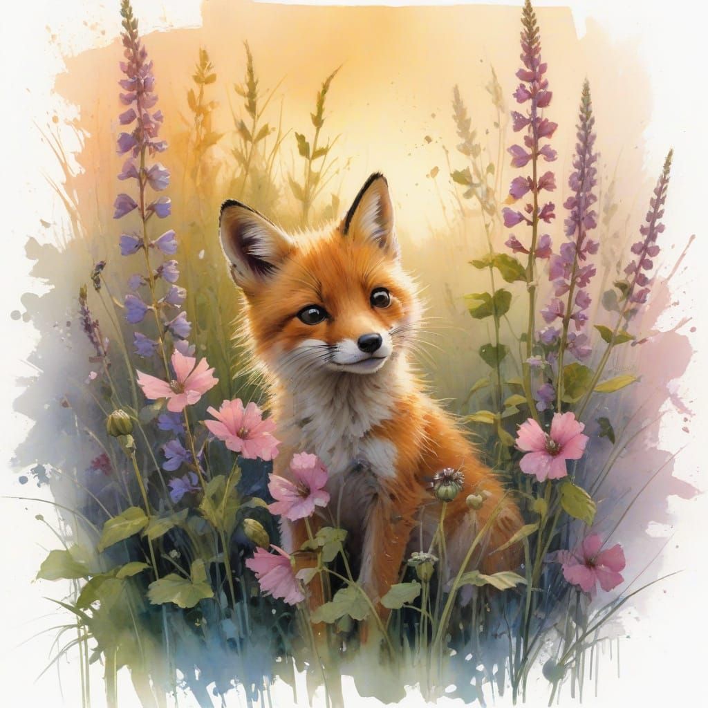 Fox Cub Peeking in a Sunlit River Garden