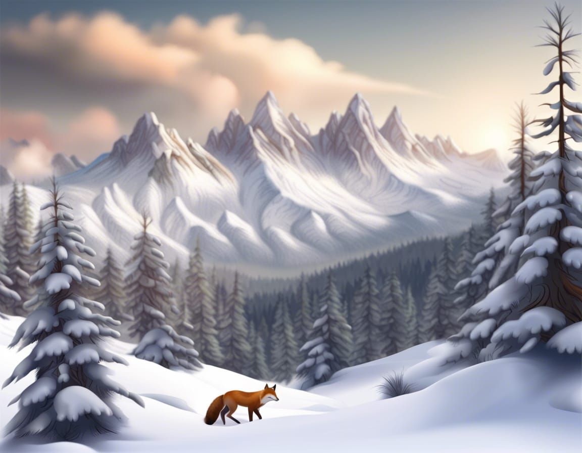 Fox in Snowy Mountain Landscape, Photorealistic Style