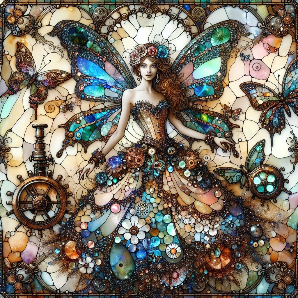 Whimsical Steampunk Fairy with Sequin Dress and Stained Glas...