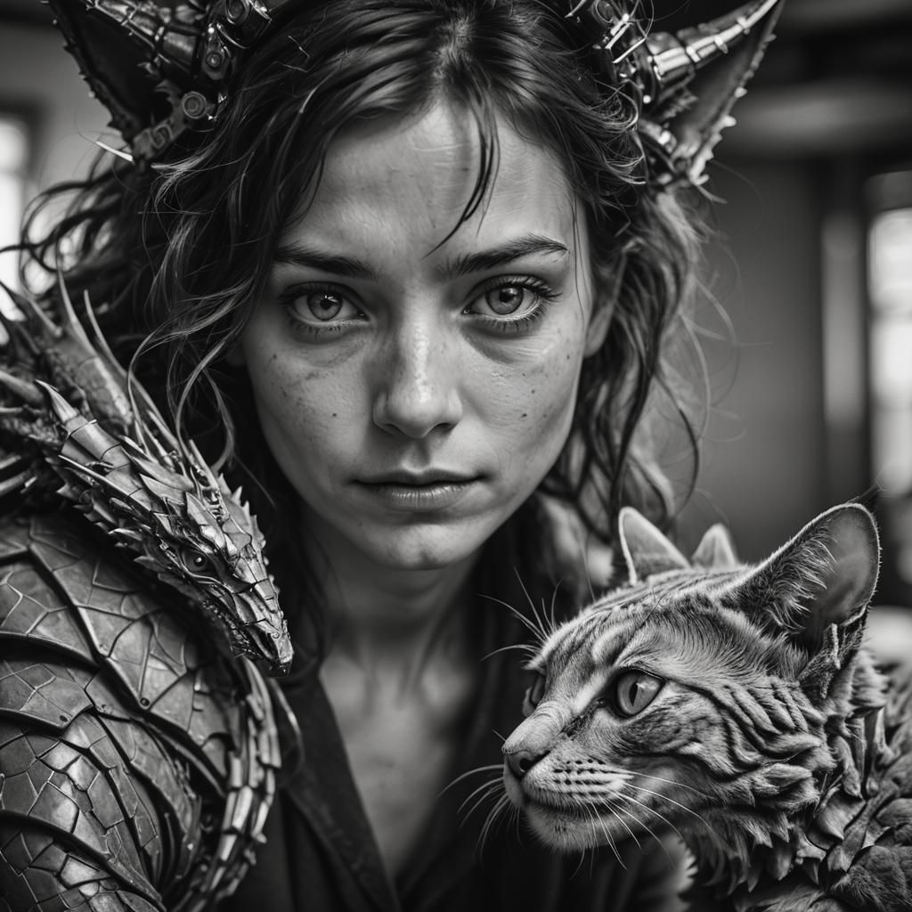 Irish Woman Building Robotic Dragon, Black and White Portrai...