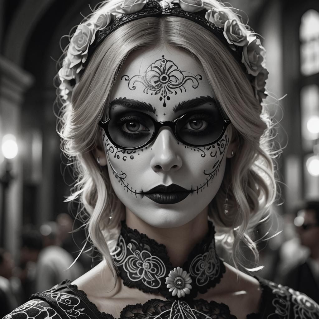 Argentine Woman in Catrina Costume, Monochrome Portrait