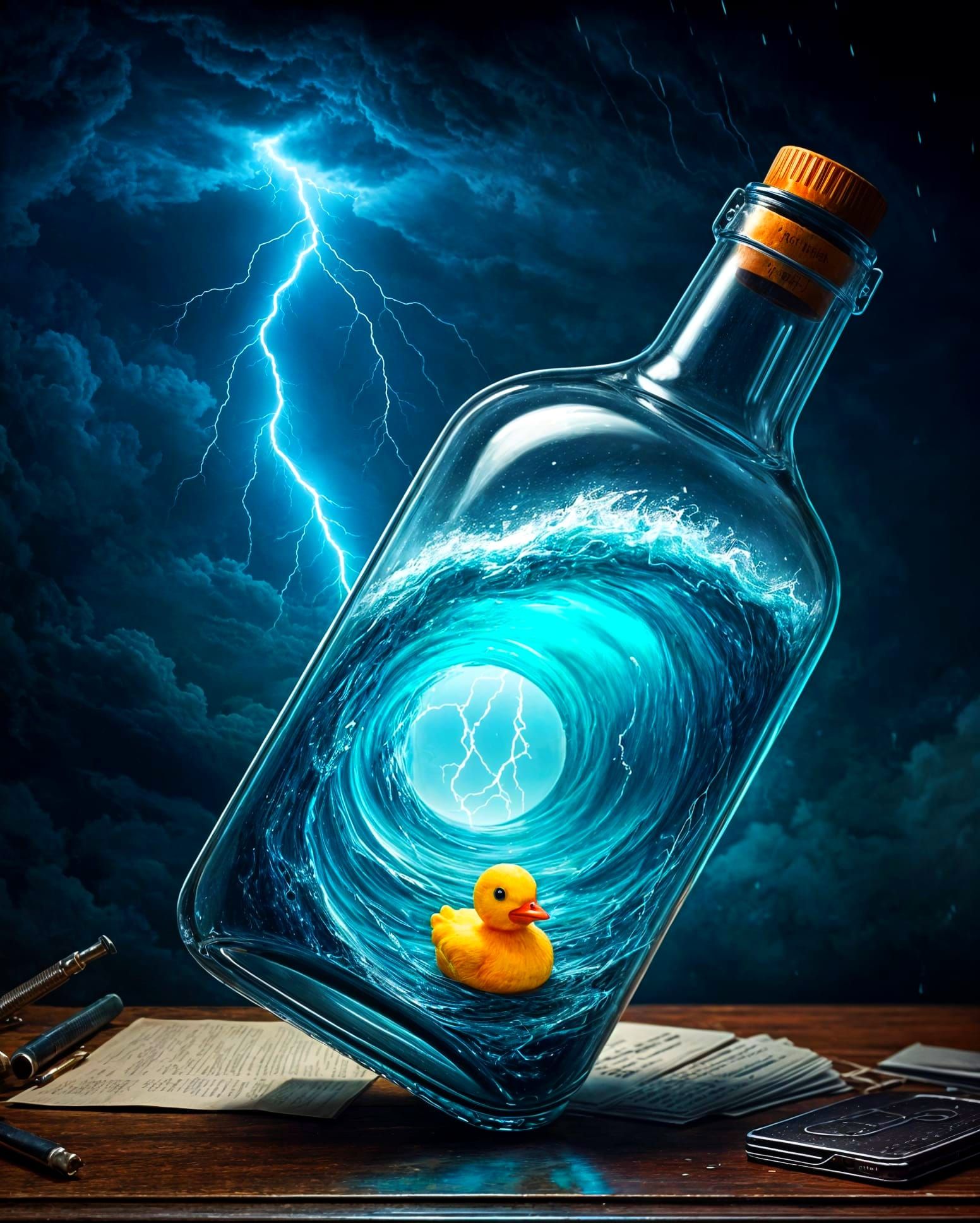 Surreal Stormy Seascape with Glass Bottle and Rubber Ducky