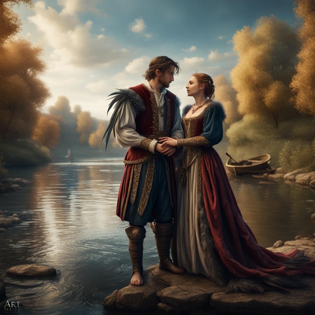 Renaissance Love Scene on Riverbank in Detailed Painting