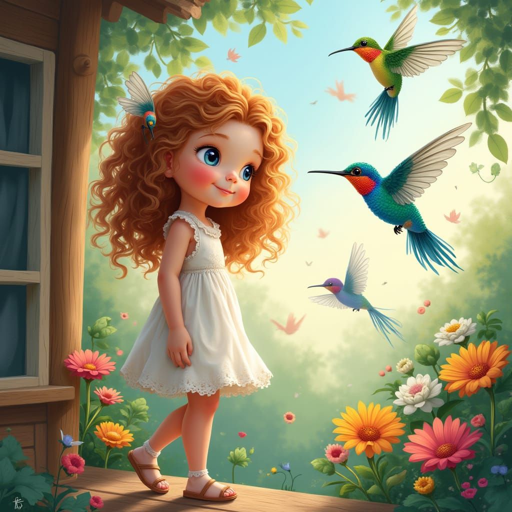 Girl on Balcony Watching Hummingbirds in Vibrant Colors