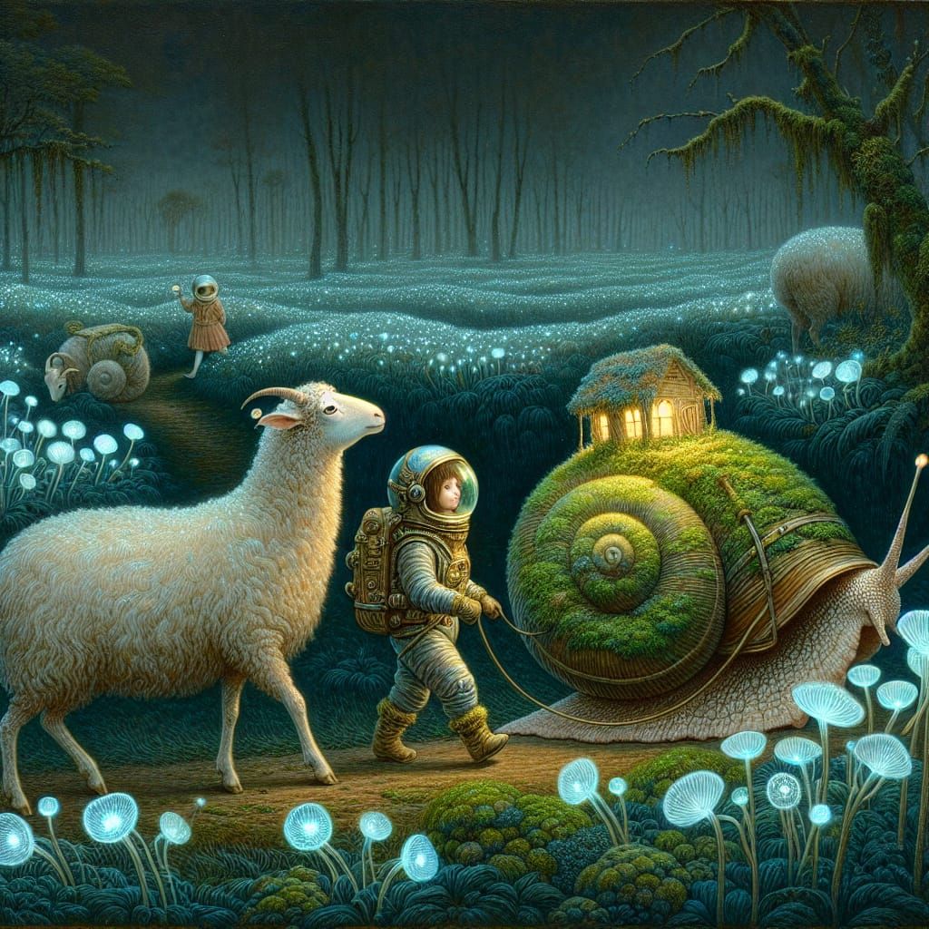 Astronaut Shepherd and Sheep in Fantasy Prairie