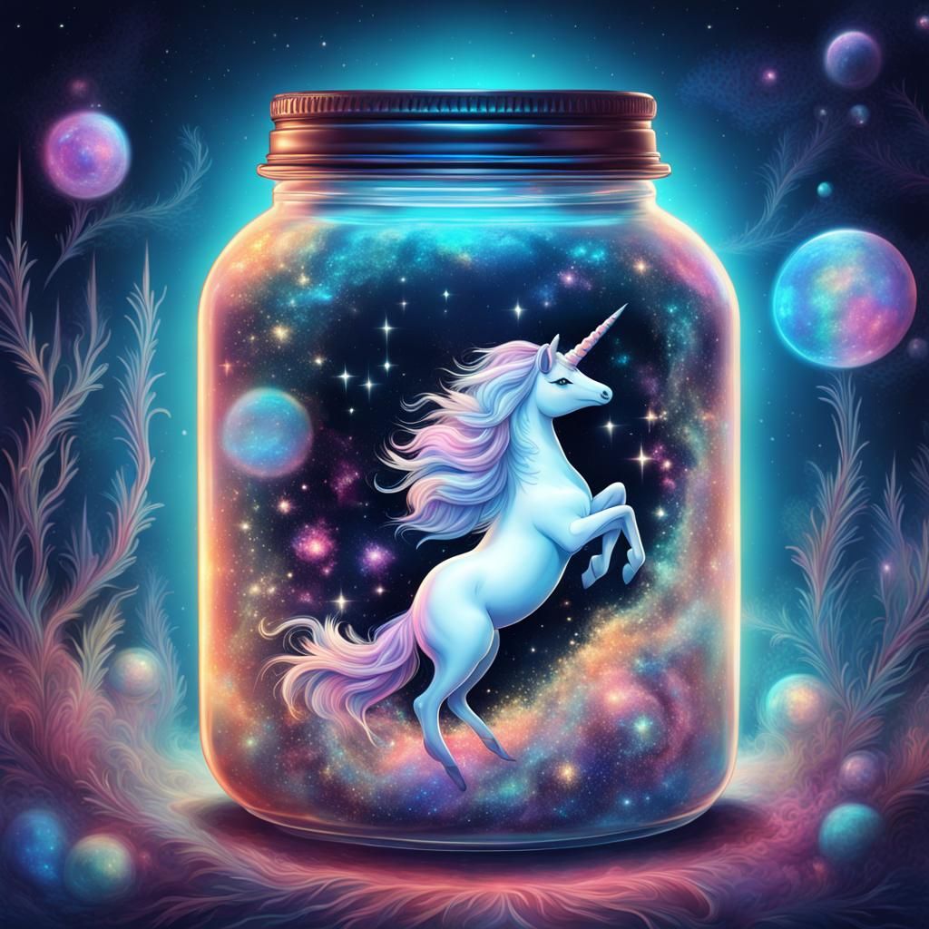Baby Unicorn Ghost in a Jar: Cosmic Illustration