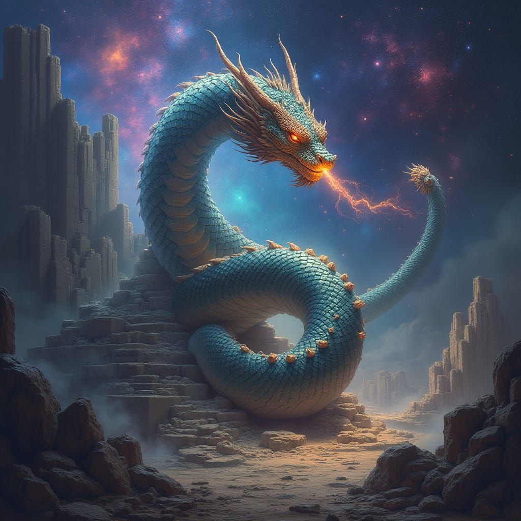 Celestial Serpent Amidst Ruins of a Forgotten Temple
