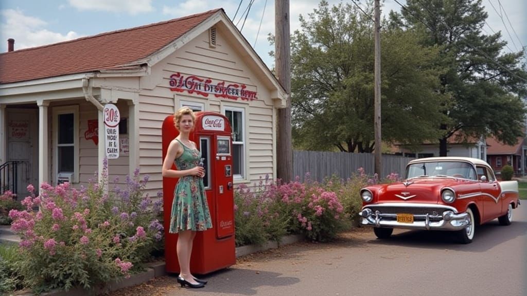 Nostalgic 1950s Scene with Coca-Cola Vending Machine