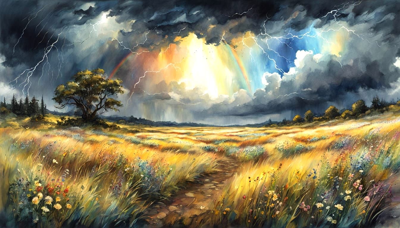 Dramatic Summer Meadow Under Stormy Sky, Watercolor Style