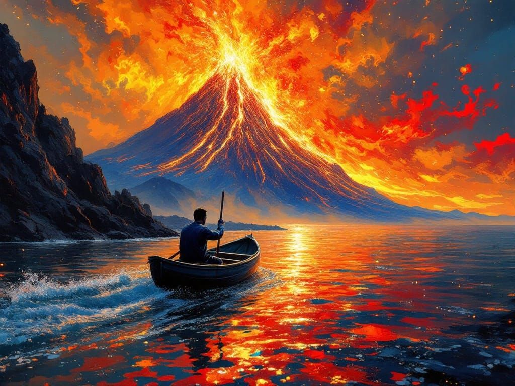 Desperate Escape: Rainbow Lava Eruption in Pointillism