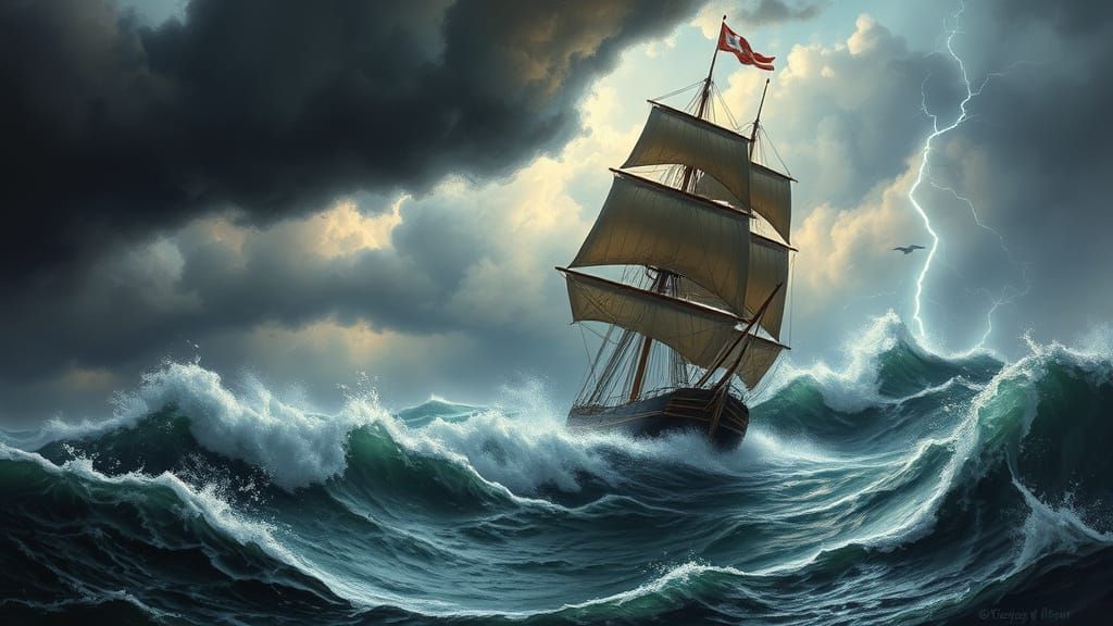 Majestic Full-Rigged Ship Battles Towering Waves in a Raging...