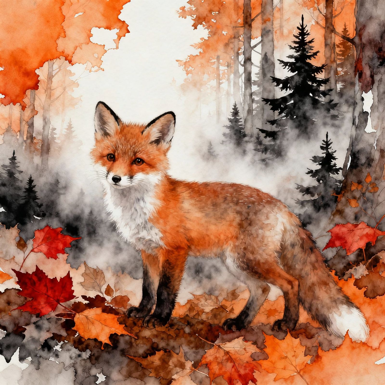 Cute Fox Cub in Misty Autumn Forest Watercolor