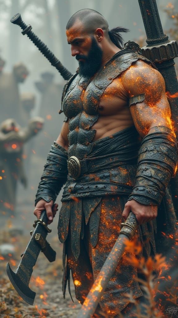 Muscular Barbarian Fights Gigantic Creatures in Epic Fantasy...