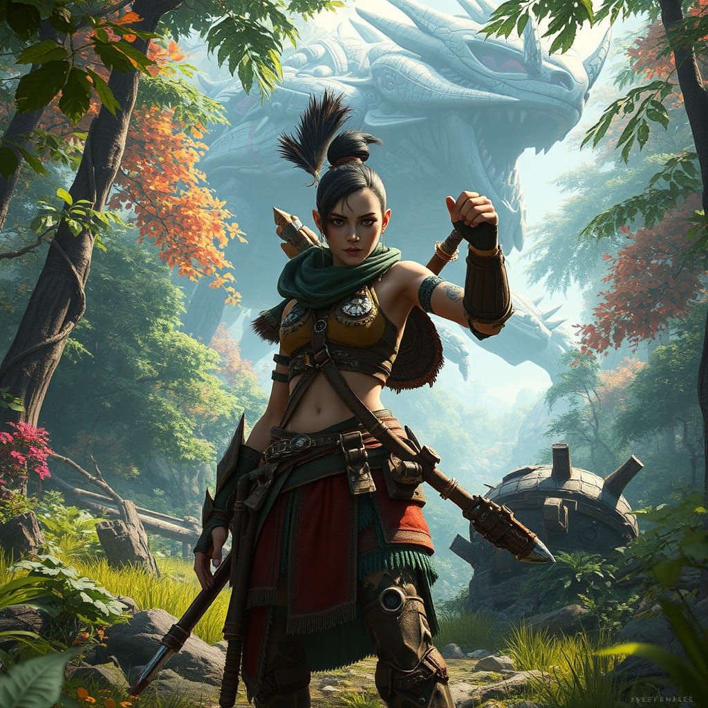 Heroic Hunter Eloy in Vibrant Post-Apocalyptic Forest