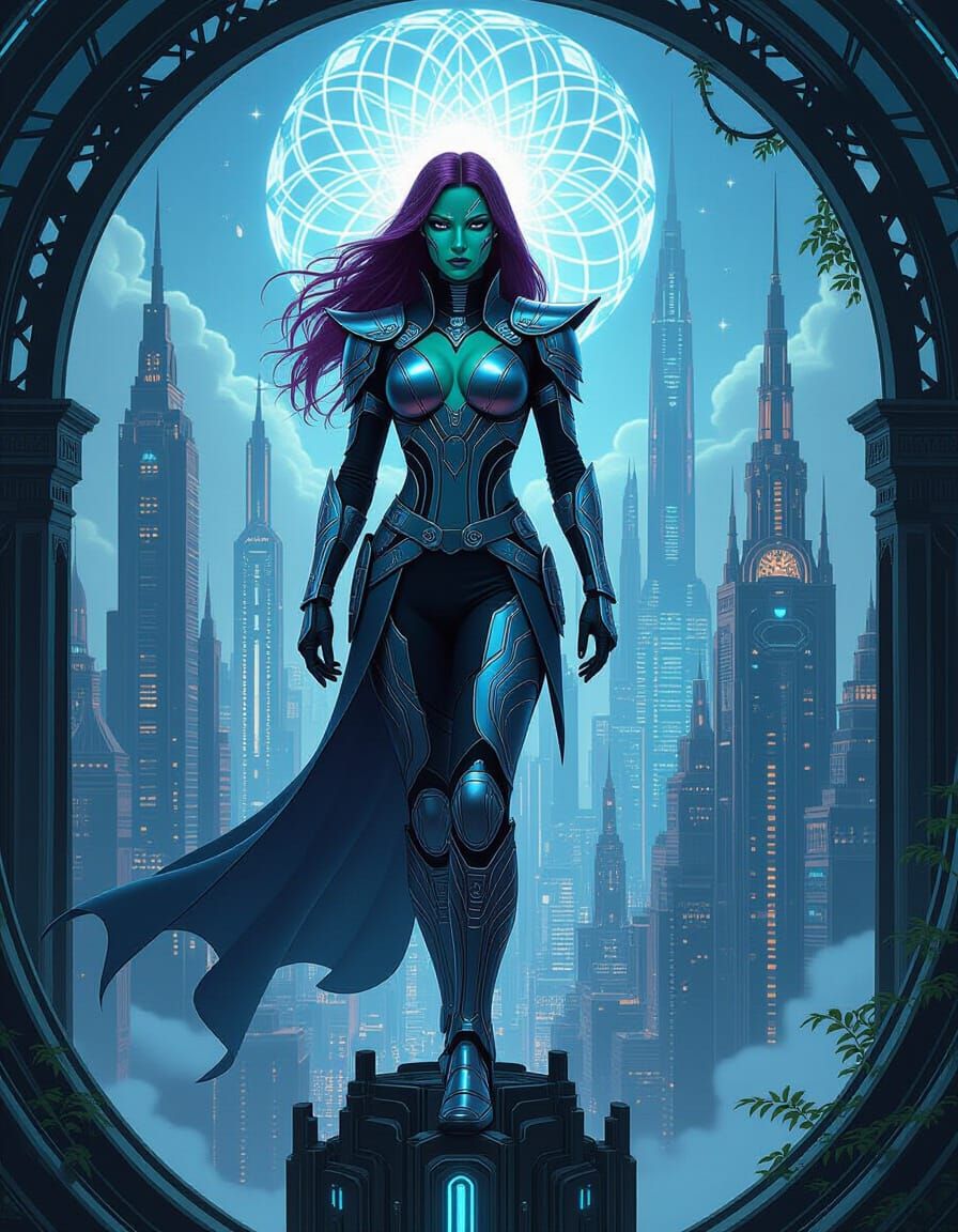 Futuristic Gamora in Opulent Baroque Cityscape