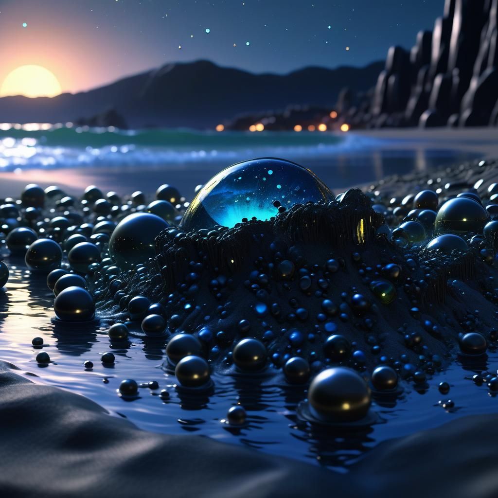 Bioluminescent Beach: Night Sky, Pearls, and Fantasy Art