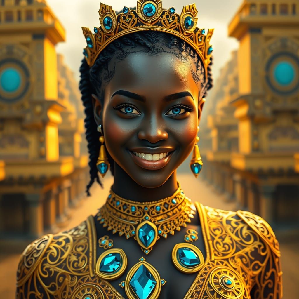 Futuristic Queen in Golden Courtyard, Hyper-Realistic Portra...