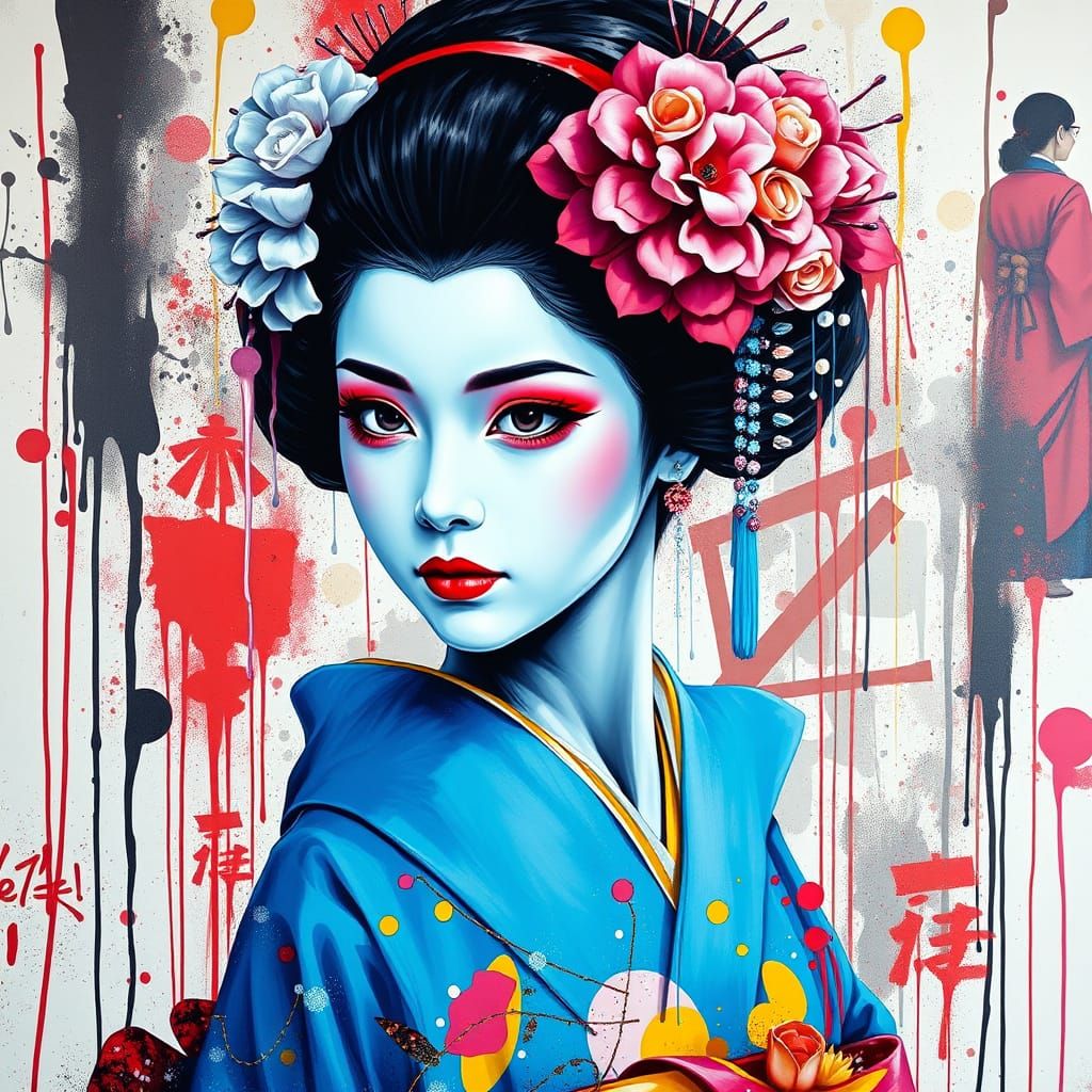 Colorful Geisha Portrait in Graffiti Art Style