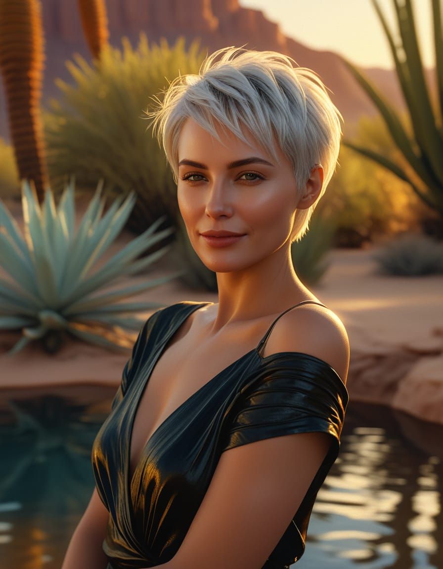 Woman Walks by Oasis in Romantic Realism